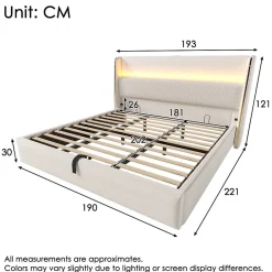 Okwish Lit Coffre 180x200 cm - Lit Double avec Sommier Relevable et Rangement - Ports USB Type-C - Tissu Lin Beige - Sans Matelas