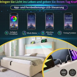 Okwish Lit Coffre 180x200 cm - Lit Double avec Sommier Relevable et Rangement - Ports USB Type-C - Tissu Lin Beige - Sans Matelas