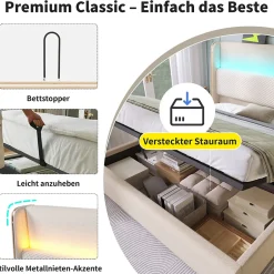 Okwish Lit Coffre 180x200 cm - Lit Double avec Sommier Relevable et Rangement - Ports USB Type-C - Tissu Lin Beige - Sans Matelas