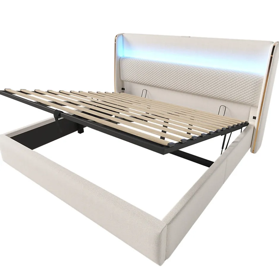 Okwish Lit Coffre 180x200 cm - Lit Double avec Sommier Relevable et Rangement - Ports USB Type-C - Tissu Lin Beige - Sans Matelas