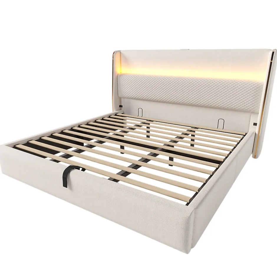 Okwish Lit Coffre 180x200 cm - Lit Double avec Sommier Relevable et Rangement - Ports USB Type-C - Tissu Lin Beige - Sans Matelas