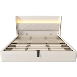 Okwish Lit Coffre 180x200 cm - Lit Double avec Sommier Relevable et Rangement - Ports USB Type-C - Tissu Lin Beige - Sans Matelas
