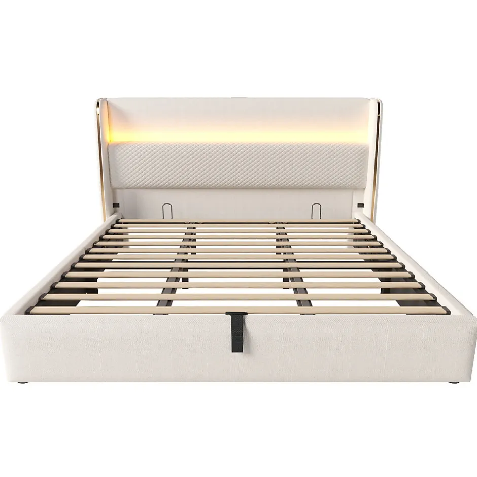 Okwish Lit Coffre 180x200 cm - Lit Double avec Sommier Relevable et Rangement - Ports USB Type-C - Tissu Lin Beige - Sans Matelas