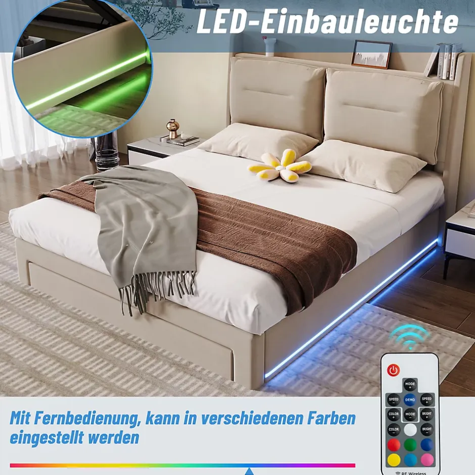 Generique Lit coffre 180x200 cm - Lit Double Capitonné avec Tiroirs et Éclairage LED - Velours - Sans Matelas - Beige Hot