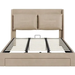 Generique Lit coffre 180x200 cm - Lit Double Capitonné avec Tiroirs et Éclairage LED - Velours - Sans Matelas - Beige Hot