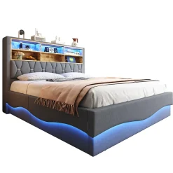 Okwish Lit Coffre 180x200 cm - Lit Double avec Rangement Hydraulique et Éclairage LED APP - avec Port USB - Lin et Métal - Gris New