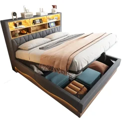 Okwish Lit Coffre 180x200 cm - Lit Double avec Rangement Hydraulique et Éclairage LED APP - avec Port USB - Lin et Métal - Gris New