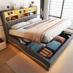 Okwish Lit Coffre 180x200 cm - Lit Double avec Rangement Hydraulique et Éclairage LED APP - avec Port USB - Lin et Métal - Gris New