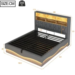 Okwish Lit Coffre 180x200 cm - Lit Double avec Rangement Hydraulique et Éclairage LED APP - avec Port USB - Lin et Métal - Gris New