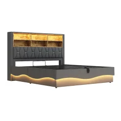 Okwish Lit Coffre 180x200 cm - Lit Double avec Rangement Hydraulique et Éclairage LED APP - avec Port USB - Lin et Métal - Gris New