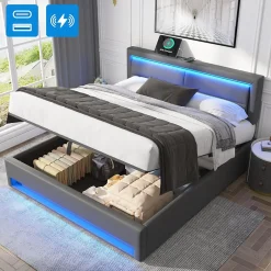 Generique Lit Coffre 140x200 cm - Lit Double Capitonné avec Port USB et Éclairage LED - Similicuir - Gris - Sans Matelas Hot