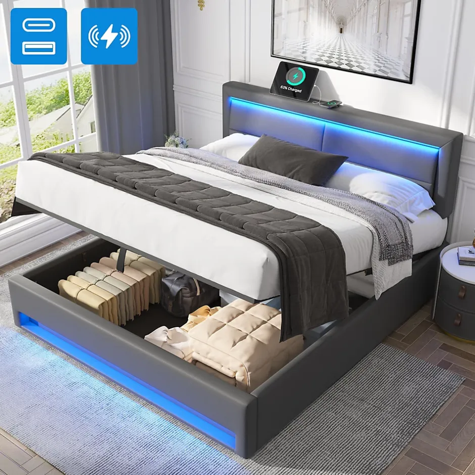 Generique Lit Coffre 140x200 cm - Lit Double Capitonné avec Port USB et Éclairage LED - Similicuir - Gris - Sans Matelas Hot
