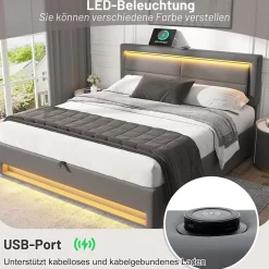 Generique Lit Coffre 140x200 cm - Lit Double Capitonné avec Port USB et Éclairage LED - Similicuir - Gris - Sans Matelas Hot