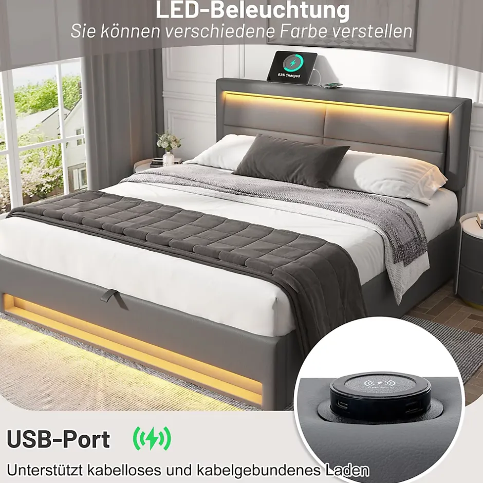 Generique Lit Coffre 140x200 cm - Lit Double Capitonné avec Port USB et Éclairage LED - Similicuir - Gris - Sans Matelas Hot