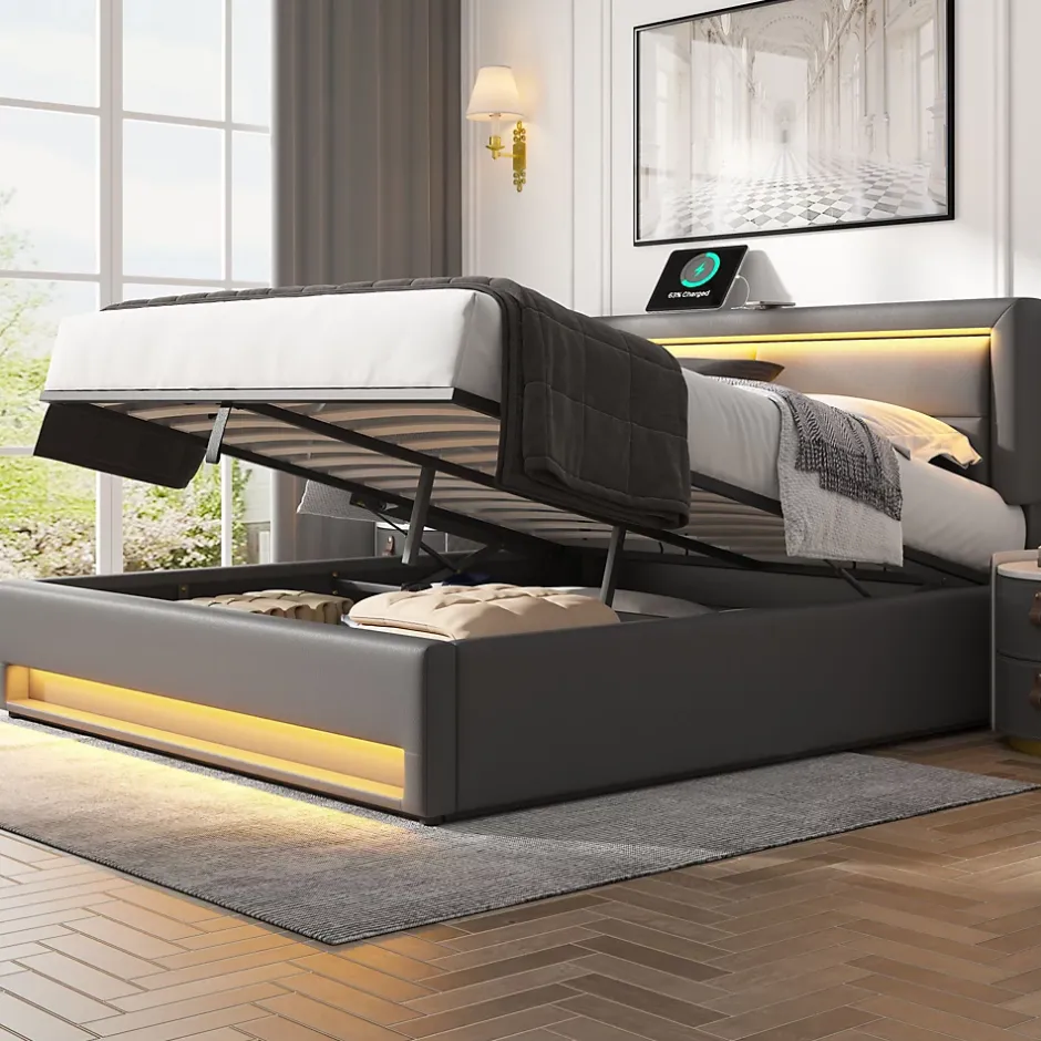 Generique Lit Coffre 140x200 cm - Lit Double Capitonné avec Port USB et Éclairage LED - Similicuir - Gris - Sans Matelas Hot