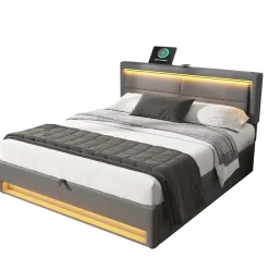 Generique Lit Coffre 140x200 cm - Lit Double Capitonné avec Port USB et Éclairage LED - Similicuir - Gris - Sans Matelas Hot
