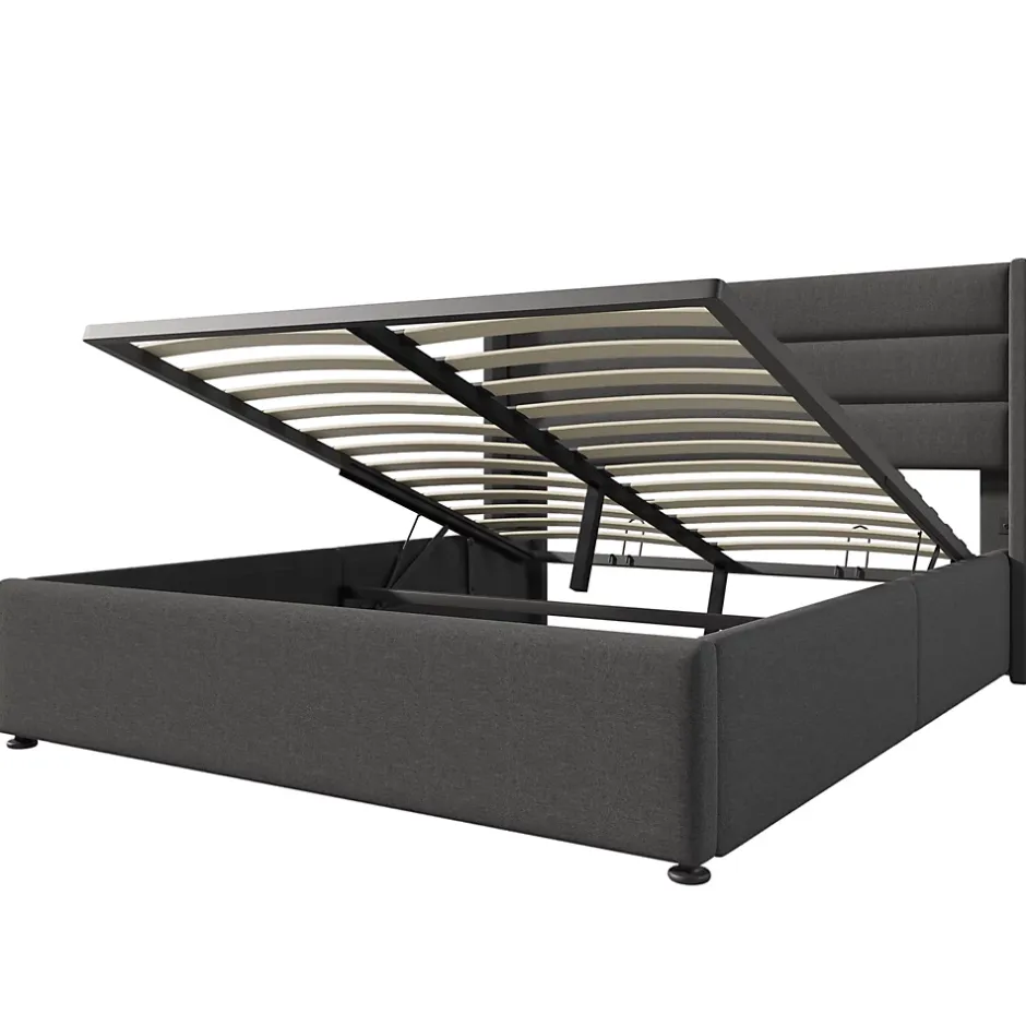 Okwish Lit coffre 160x200 cm - Lit double capitonné avec sommier à lattes - Lin - Matelas Inclus - Gris Hot