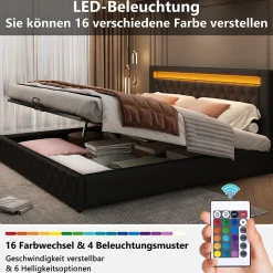 Okwish Lit coffre 180x200 cm - Lit double avec coffre de rangement et éclairage LED - Lit capitonné en cuir PU - Sans matelas - Noir