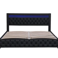 Okwish Lit coffre 180x200 cm - Lit double avec coffre de rangement et éclairage LED - Lit capitonné en cuir PU - Sans matelas - Noir