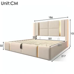 Okwish Lit coffre 180x200 cm - Lit double capitonné avec LED et USB Type C - Textile en lin - Sans Matelas - Beige Hot