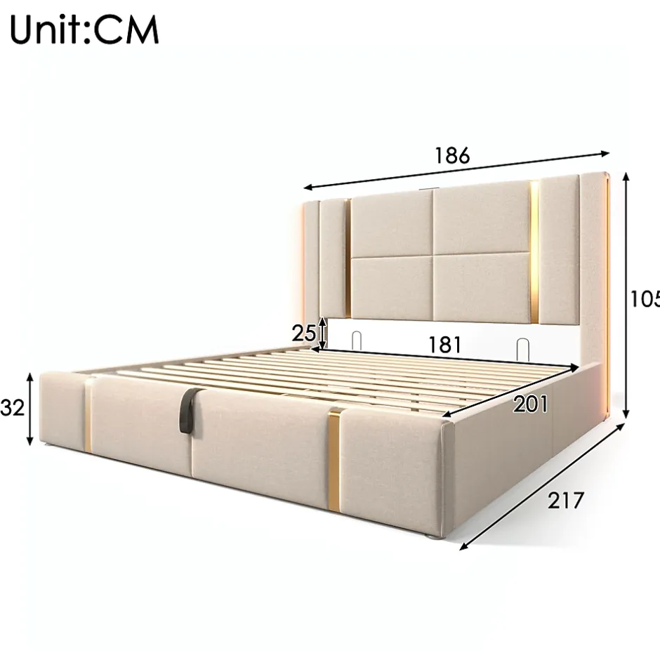 Okwish Lit coffre 180x200 cm - Lit double capitonné avec LED et USB Type C - Textile en lin - Sans Matelas - Beige Hot