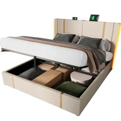 Okwish Lit coffre 180x200 cm - Lit double capitonné avec LED et USB Type C - Textile en lin - Sans Matelas - Beige Hot