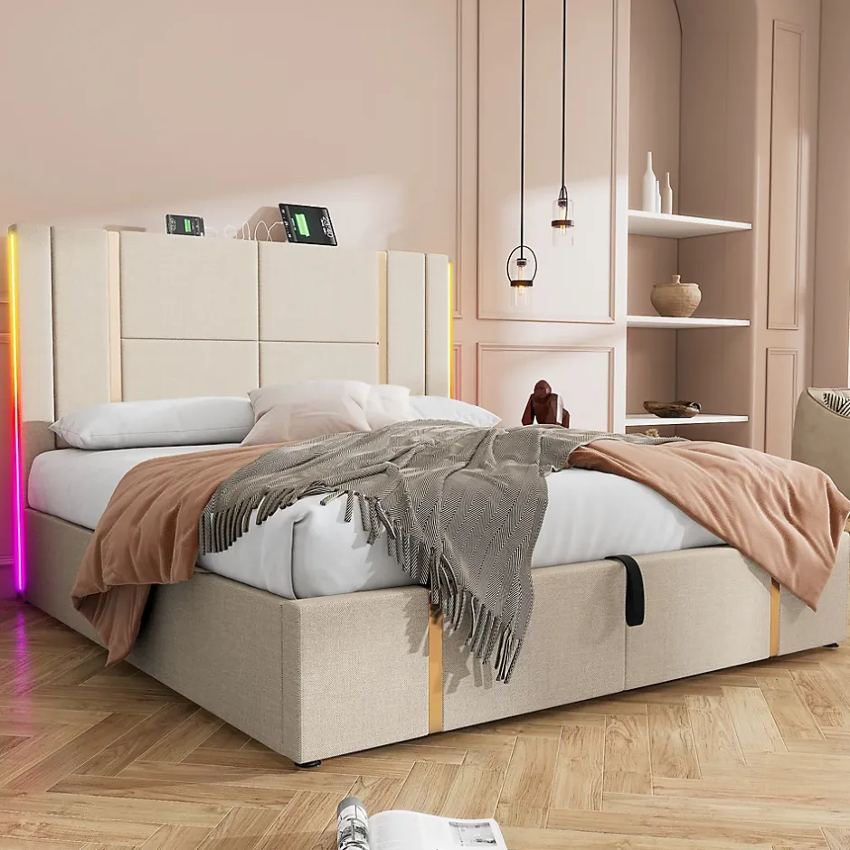Okwish Lit coffre 180x200 cm - Lit double capitonné avec LED et USB Type C - Textile en lin - Sans Matelas - Beige Hot