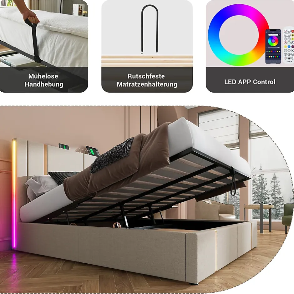 Okwish Lit coffre 180x200 cm - Lit double capitonné avec LED et USB Type C - Textile en lin - Sans Matelas - Beige Hot