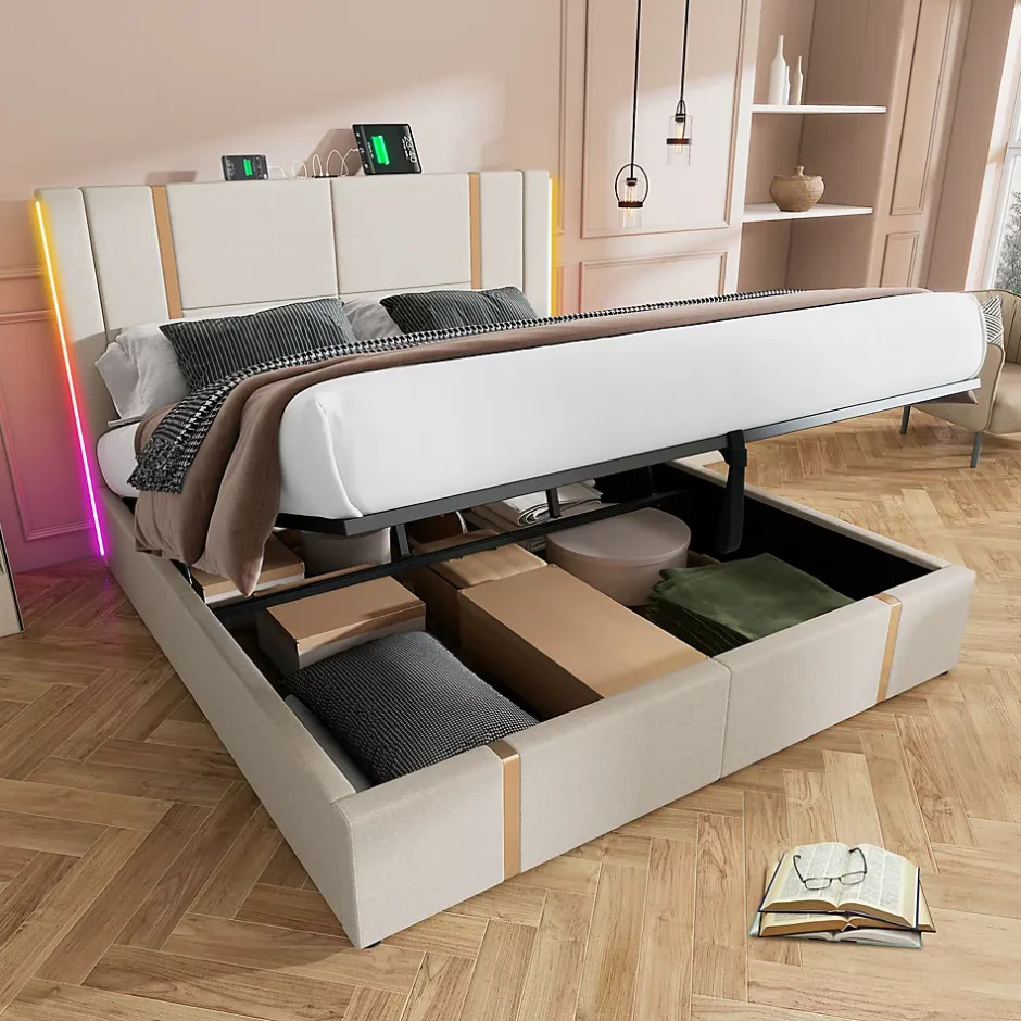 Okwish Lit coffre 180x200 cm - Lit double capitonné avec LED et USB Type C - Textile en lin - Sans Matelas - Beige Hot