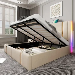 Okwish Lit coffre 180x200 cm - Lit double capitonné avec LED et USB Type C - Textile en lin - Sans Matelas - Beige Hot