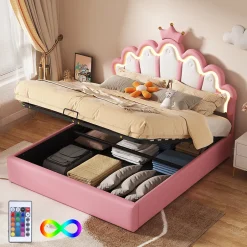 Okwish Lit Coffre 140x200 cm - Lit Double enfant avec Lumière d'Ambiance Réglable, Capitonné, MDF et Similicuir, Rose, Sans Matelas