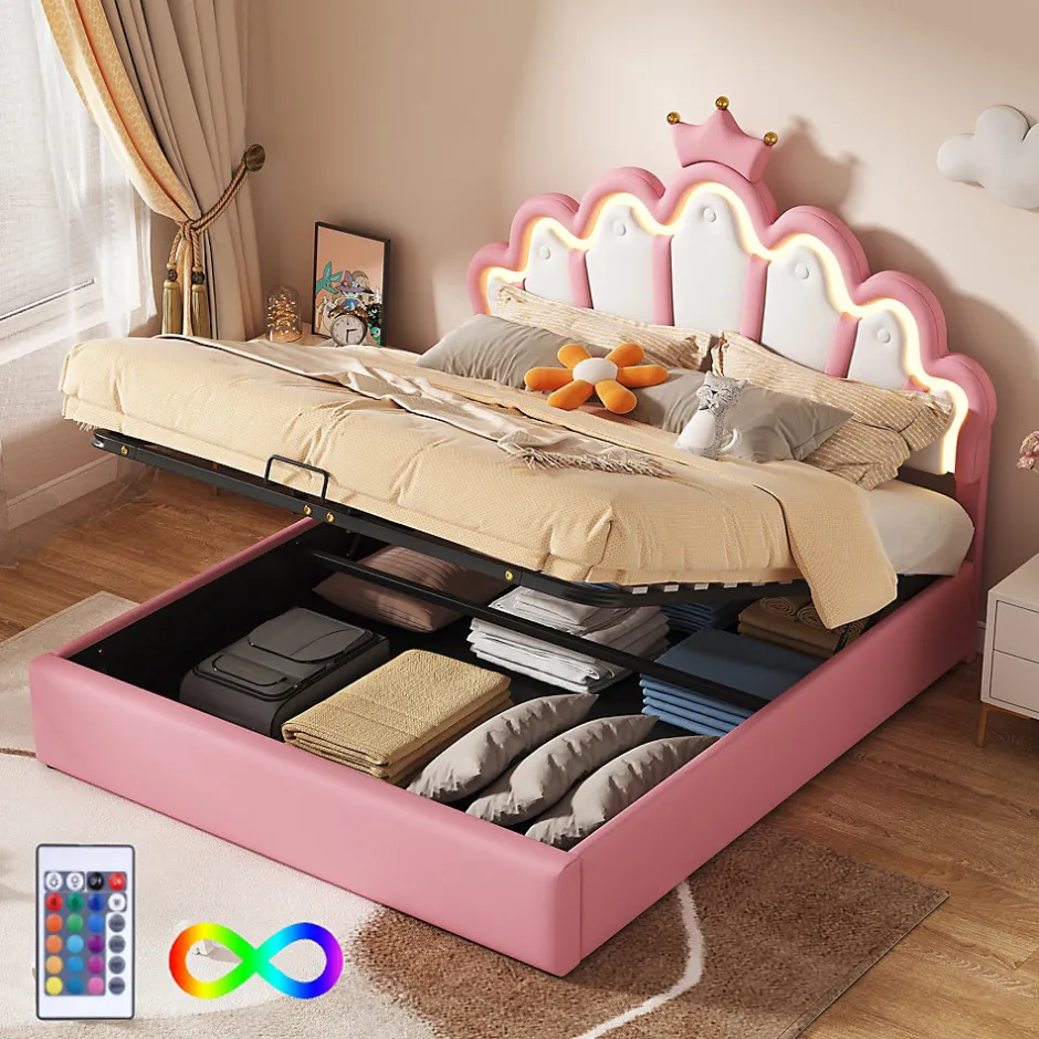 Okwish Lit Coffre 140x200 cm - Lit Double enfant avec Lumière d'Ambiance Réglable, Capitonné, MDF et Similicuir, Rose, Sans Matelas