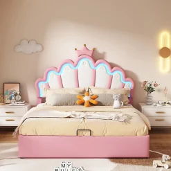 Okwish Lit Coffre 140x200 cm - Lit Double enfant avec Lumière d'Ambiance Réglable, Capitonné, MDF et Similicuir, Rose, Sans Matelas