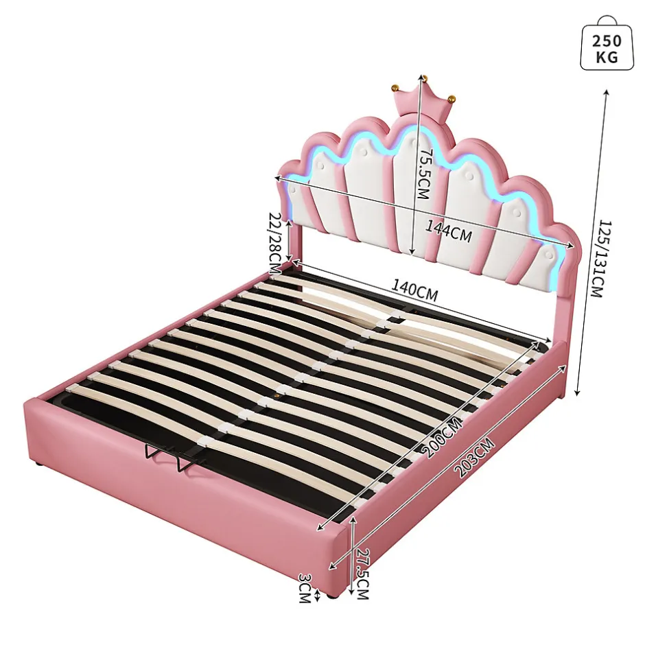 Okwish Lit Coffre 140x200 cm - Lit Double enfant avec Lumière d'Ambiance Réglable, Capitonné, MDF et Similicuir, Rose, Sans Matelas