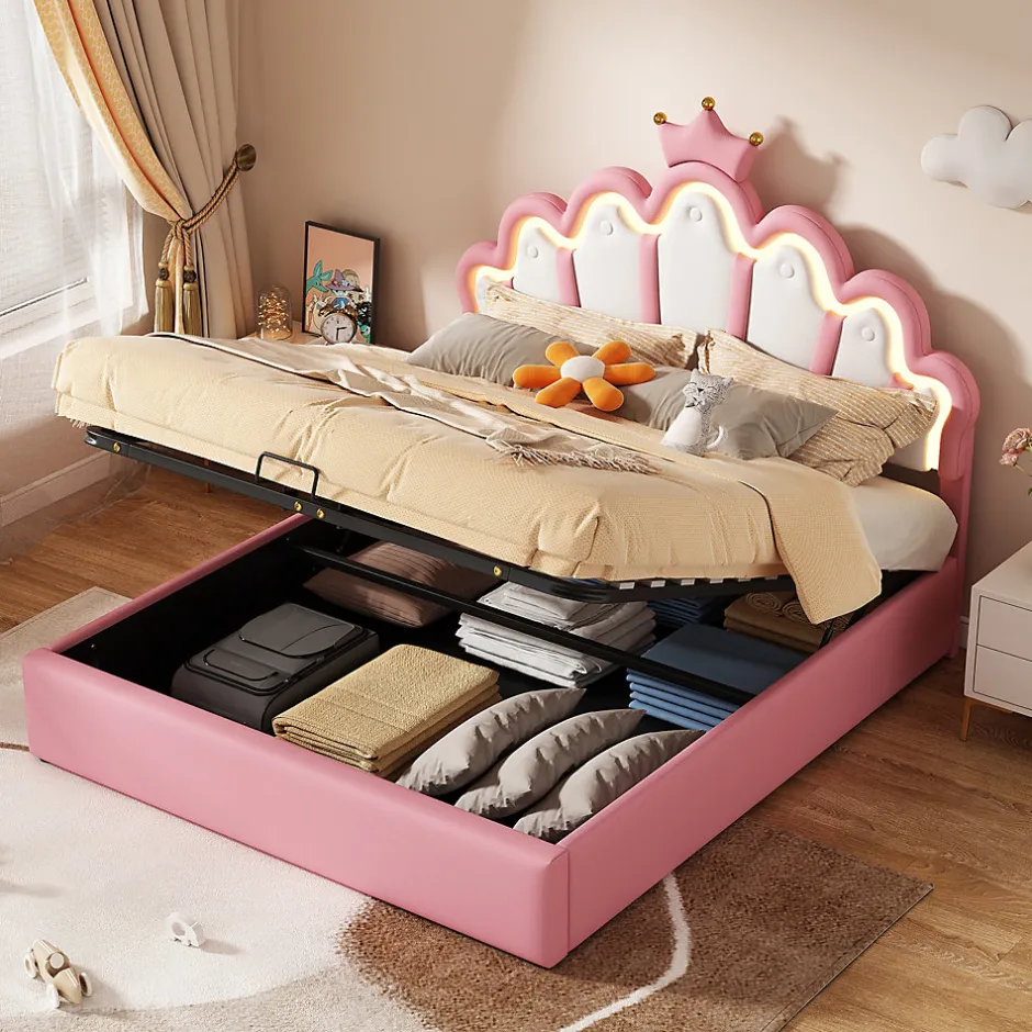 Okwish Lit Coffre 140x200 cm - Lit Double enfant avec Lumière d'Ambiance Réglable, Capitonné, MDF et Similicuir, Rose, Sans Matelas