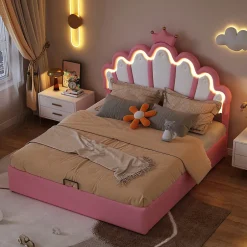 Okwish Lit Coffre 140x200 cm - Lit Double enfant avec Lumière d'Ambiance Réglable, Capitonné, MDF et Similicuir, Rose, Sans Matelas