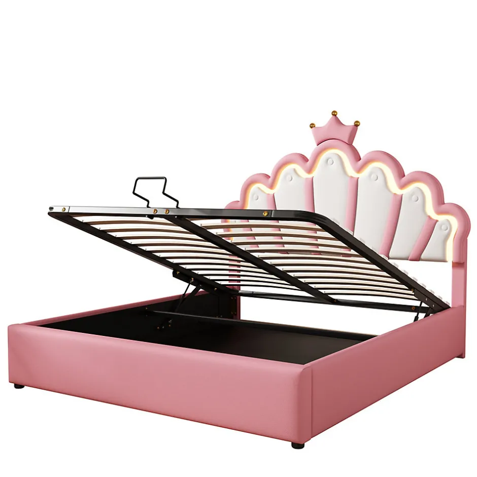 Okwish Lit Coffre 140x200 cm - Lit Double enfant avec Lumière d'Ambiance Réglable, Capitonné, MDF et Similicuir, Rose, Sans Matelas