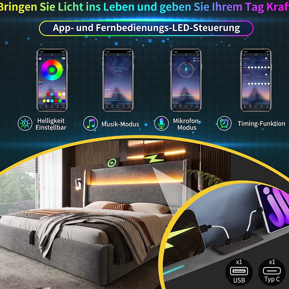 Okwish Lit Coffre 180x200 cm - Lit Double avec Sommier Relevable et Rangement - LED et Ports USB Type-C - Tissu Lin Gris - Sans Matelas Discount