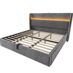 Okwish Lit Coffre 180x200 cm - Lit Double avec Sommier Relevable et Rangement - LED et Ports USB Type-C - Tissu Lin Gris - Sans Matelas Discount