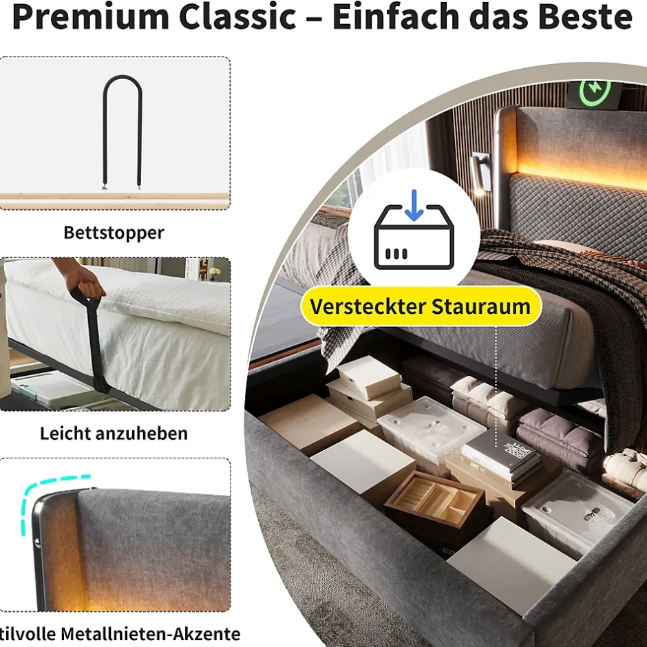 Okwish Lit Coffre 180x200 cm - Lit Double avec Sommier Relevable et Rangement - LED et Ports USB Type-C - Tissu Lin Gris - Sans Matelas Discount