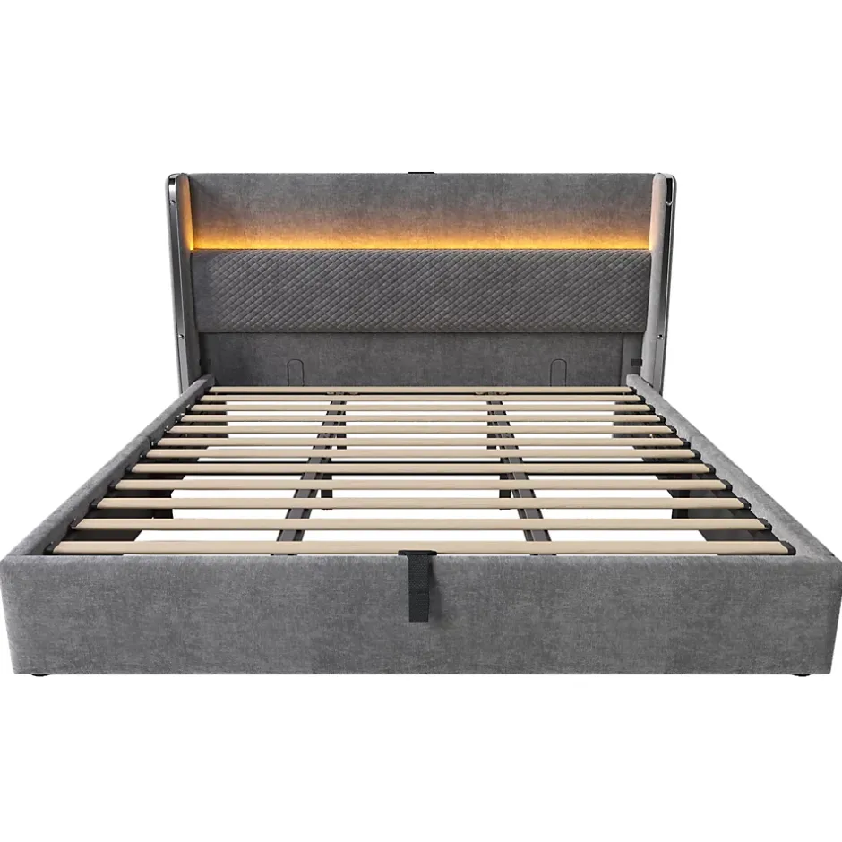 Okwish Lit Coffre 180x200 cm - Lit Double avec Sommier Relevable et Rangement - LED et Ports USB Type-C - Tissu Lin Gris - Sans Matelas Discount