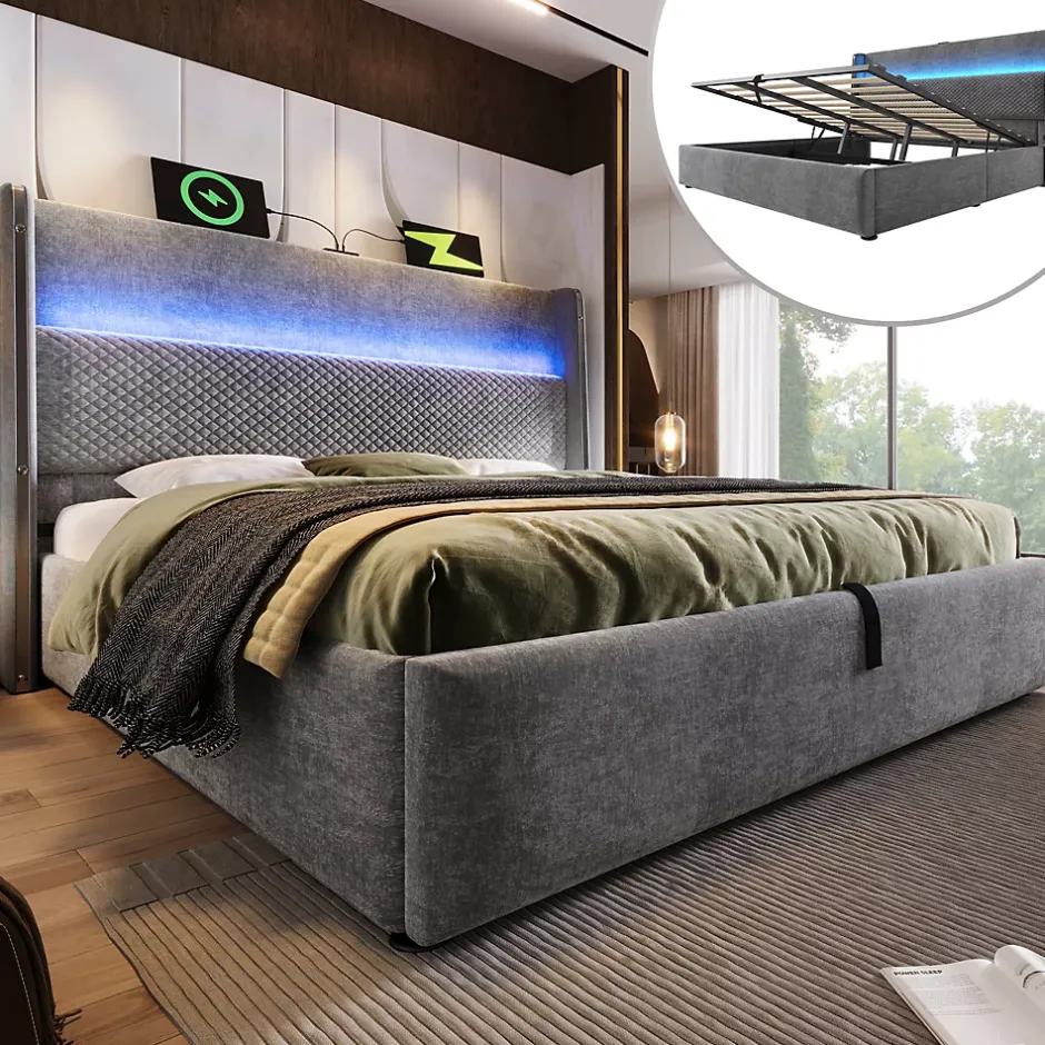 Okwish Lit Coffre 180x200 cm - Lit Double avec Sommier Relevable et Rangement - LED et Ports USB Type-C - Tissu Lin Gris - Sans Matelas Discount