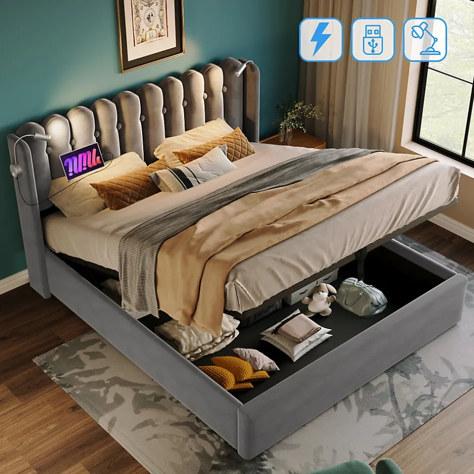 Okwish Lit Coffre 160x200 Cm - Lit Double avec Lampe de Lecture et Ports USB - Velours - Sans Matelas - Gris