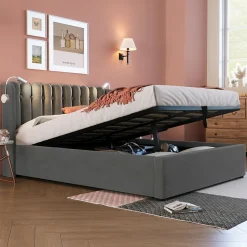 Okwish Lit Coffre 160x200 Cm - Lit Double avec Lampe de Lecture et Ports USB - Velours - Sans Matelas - Gris