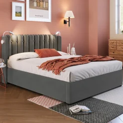 Okwish Lit Coffre 160x200 Cm - Lit Double avec Lampe de Lecture et Ports USB - Velours - Sans Matelas - Gris