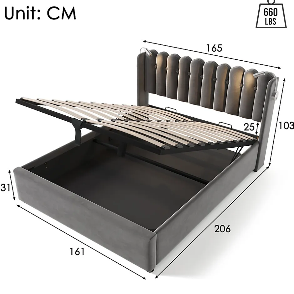 Okwish Lit Coffre 160x200 Cm - Lit Double avec Lampe de Lecture et Ports USB - Velours - Sans Matelas - Gris