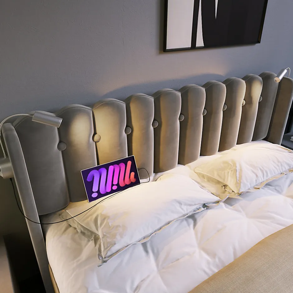 Okwish Lit Coffre 160x200 Cm - Lit Double avec Lampe de Lecture et Ports USB - Velours - Sans Matelas - Gris