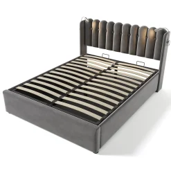 Okwish Lit Coffre 160x200 Cm - Lit Double avec Lampe de Lecture et Ports USB - Velours - Sans Matelas - Gris