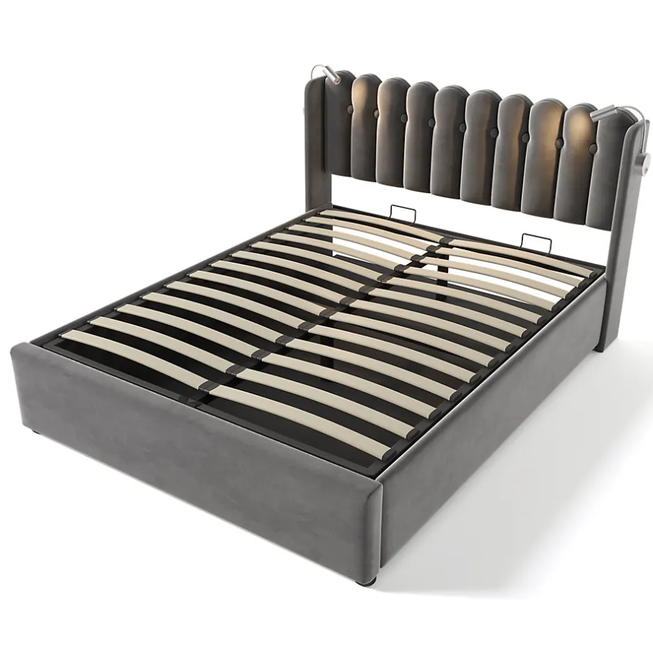 Okwish Lit Coffre 160x200 Cm - Lit Double avec Lampe de Lecture et Ports USB - Velours - Sans Matelas - Gris