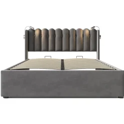 Okwish Lit Coffre 160x200 Cm - Lit Double avec Lampe de Lecture et Ports USB - Velours - Sans Matelas - Gris